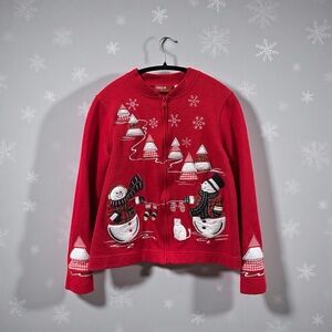 Festive Snowman Christmas Zip-Up Sweater Cardigan- Red